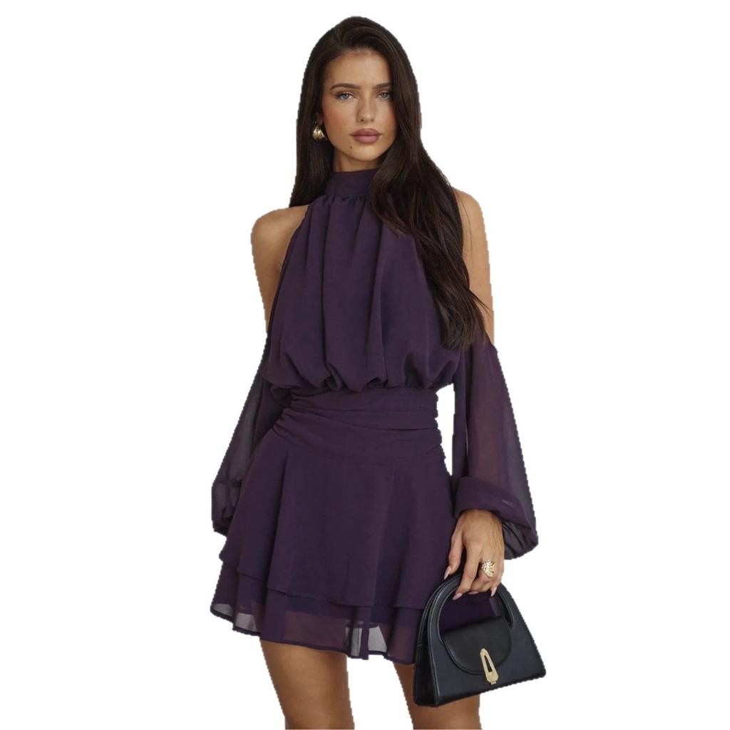 European and American new design neck small turtleneck dress, shoulder digging perspective horn long-sleeved ruffle edge skirt
