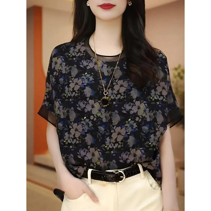 Floral Short-sleeved Women's Outfit in Summer Style Middle-aged Mother Fashionable Shirt Casual and Versatile Loose Top