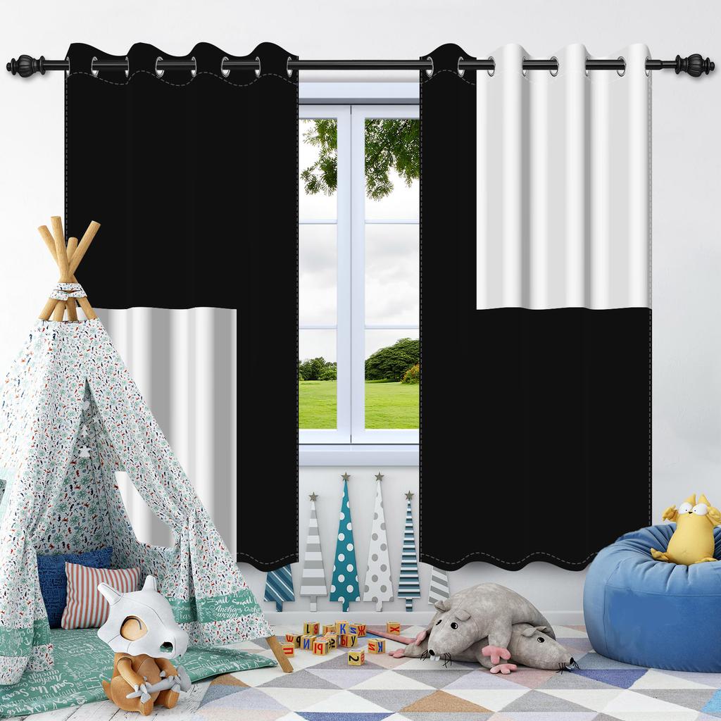 2Pcs Modern Mixed Color Geometric Pattern Blackout Curtain Bedroom Living Room Darkening Grommet Thermal Insulated Window Drapes
