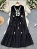 Women Spring Autumn Dress Retro Embroidered V-neck Strap Waist French Elegant Long Sleeve Grand Swing Long Dress