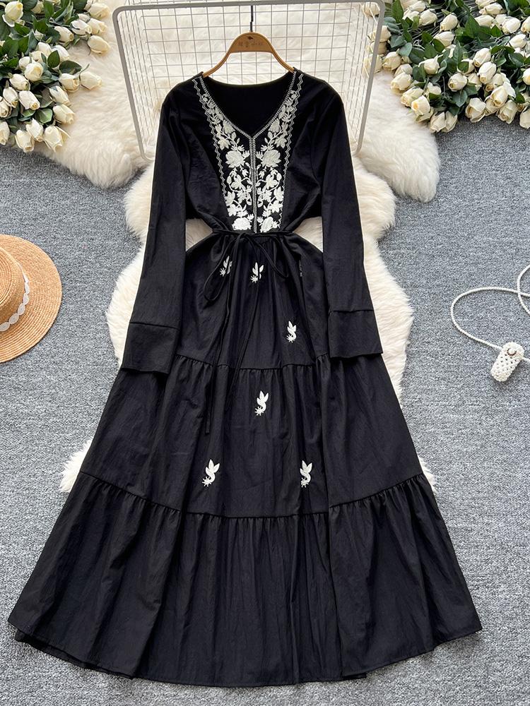 Women Spring Autumn Dress Retro Embroidered V-neck Strap Waist French Elegant Long Sleeve Grand Swing Long Dress