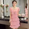 Kjole for Kvinner Sommer Bølgekant Volang Søt Ensfarget Kortermet Slim Kjoler Dame Casual Allsidig Vestido O-hals Chiffon