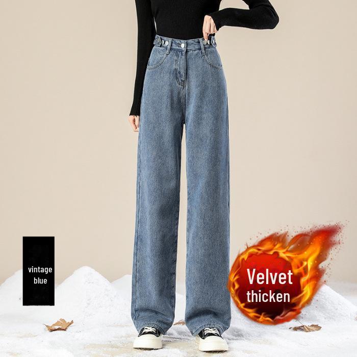 Women's Plush High-Waist Wide-Leg Jeans - Slim, Warm, All-Match Loose Straight Fit for Autumn/Winter
