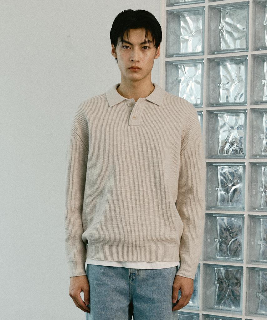LEDEPT Cashmere Blend Hacci Button Collar Knit [Beige]