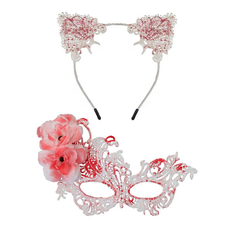 Halloween Masquerade Lace Eye Mask & Cat Ear Headband Set