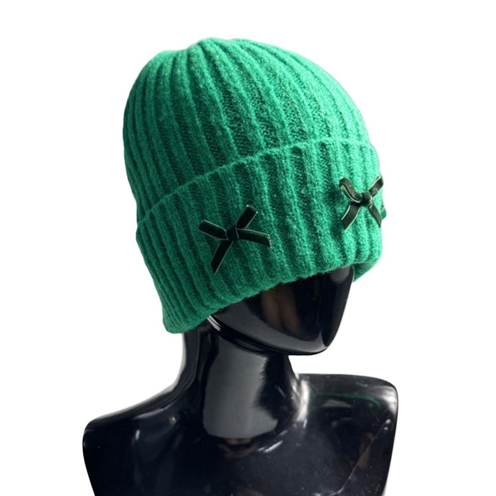Bow Knitted Hat Thick Slouchy Bonnet Winter Beanie Cap for Women зелёный