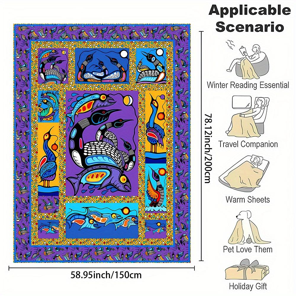 Fishing Mandala Anime Blanket Reversible Flannel Throw for Outdoor Enthusiasts AllSeason Comfort Zen Cartoon Design