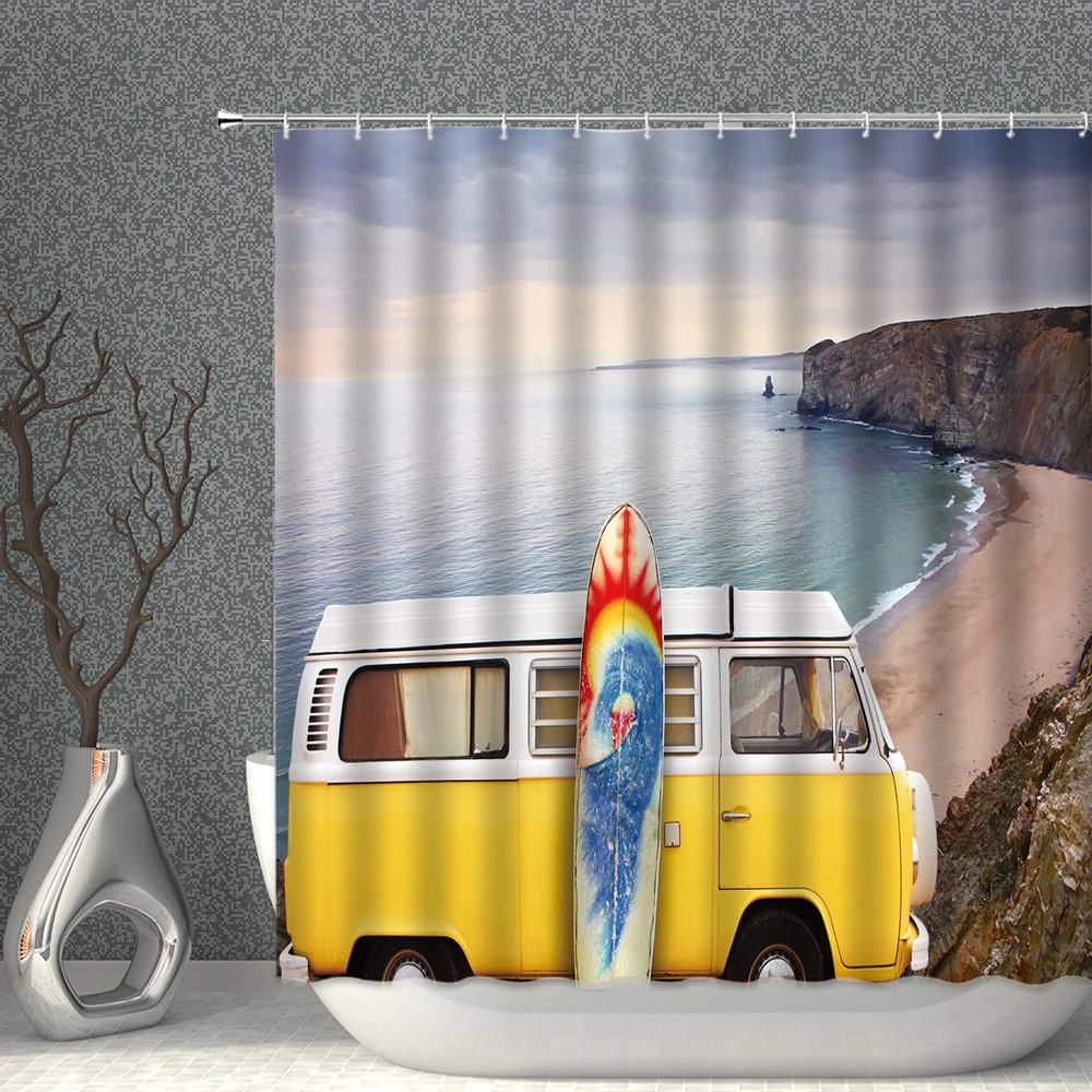 Summer Holiday Retro Cartoon Bus Shower Curtains Vintage Surfboard Palm Tree Bathroom Partition Decor Bathtub Curtain with Hook
