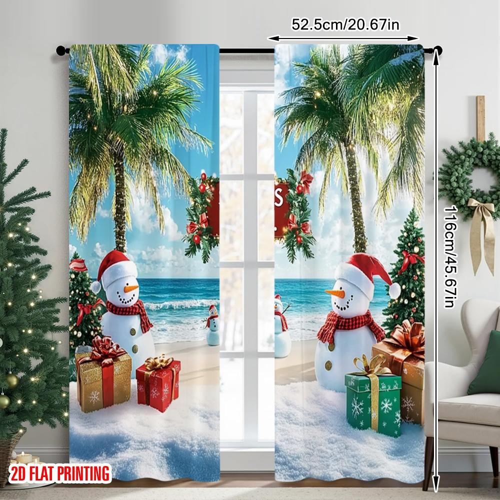 Set Of 2 Flat Printing Christmas Party Curtain Santa Claus Beach Tropical Snowman Polyester Without Electricity Spring Perfect Made