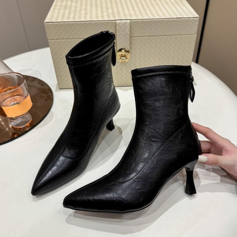 Fashion Winter Fashion Pointed Toe Ankle Boots Women Zippers Thick Heels Shoes Street Style Banquet Party Short Botas Mujer