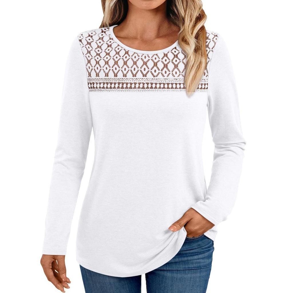 Women's Loose Casual Solid Color Mesh Lace Hollow Out Versatile Long Sleeved Top