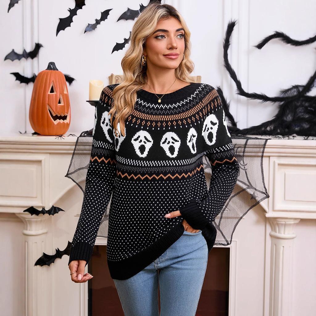 Autumn and Winter New European and American Sweaters Women's Loose Halloween Unique Skull Jacquard Crew Neck Long-sleeved Knitted Sweater