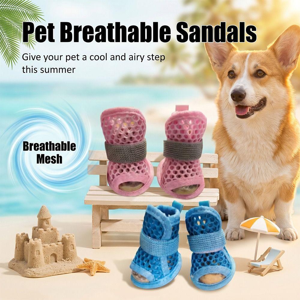 4Pcs Cute Mesh Dog Shoes Non-slip Soft-sole Pet Sandals Elastic Strap Breathable Cooling Dog Boots Summer