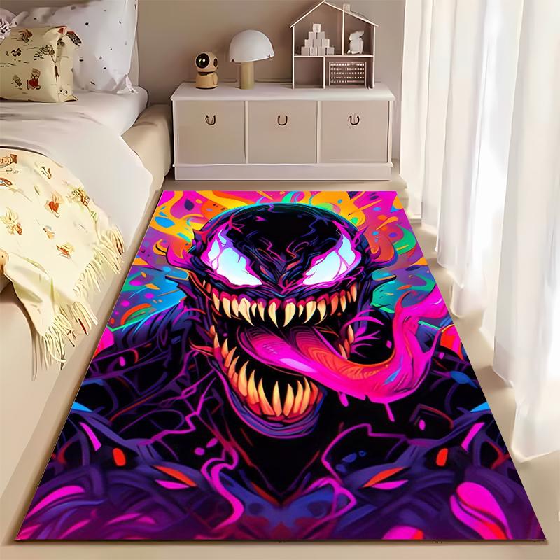 Marvel Superhero Area Rug, Venom Neon Psychedelic Symbiote Face Print, Comic Book Fan Bedroom Game Room Decor, Non-Slip Mat