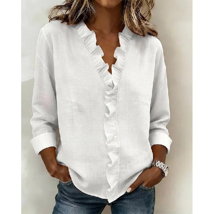 2026 Spring New Women s Ruffled Long-Sleeve Casual Solid Color Shirt S белый