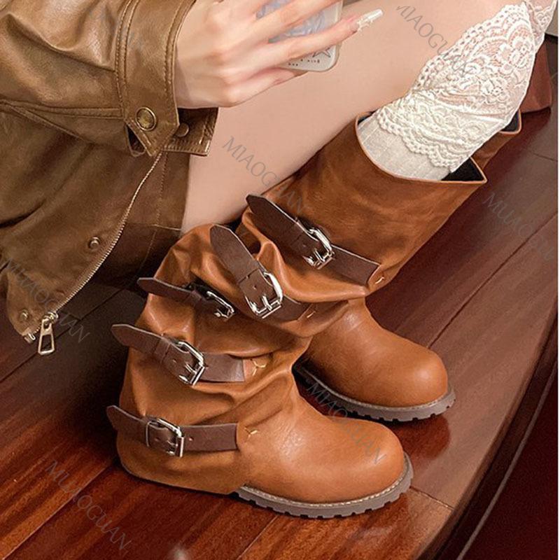 Fashion Women Stacked Long Knight Boots Retro Belt Buckle Pleated Female Shoes Brown Round Toe Leather Women's Thick Heel Knee High Bota