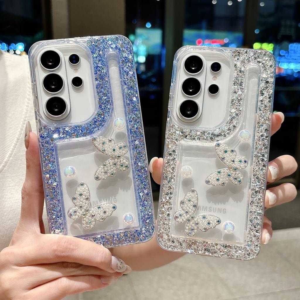 Applicable to Samsung S26U rhinestone butterfly + pearl mobile phone case S25U glitter drill edge S24/S25 mobile phone case