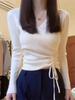 White V-Neck Cinched Waist Knit Sweater for Women - Soft, Cozy Autumn/Winter Layer with Irregular Shoulders