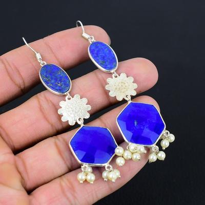 Naturblauer Saphir Hängeohrringe Handgefertigt Schmuck Sterlingsilber