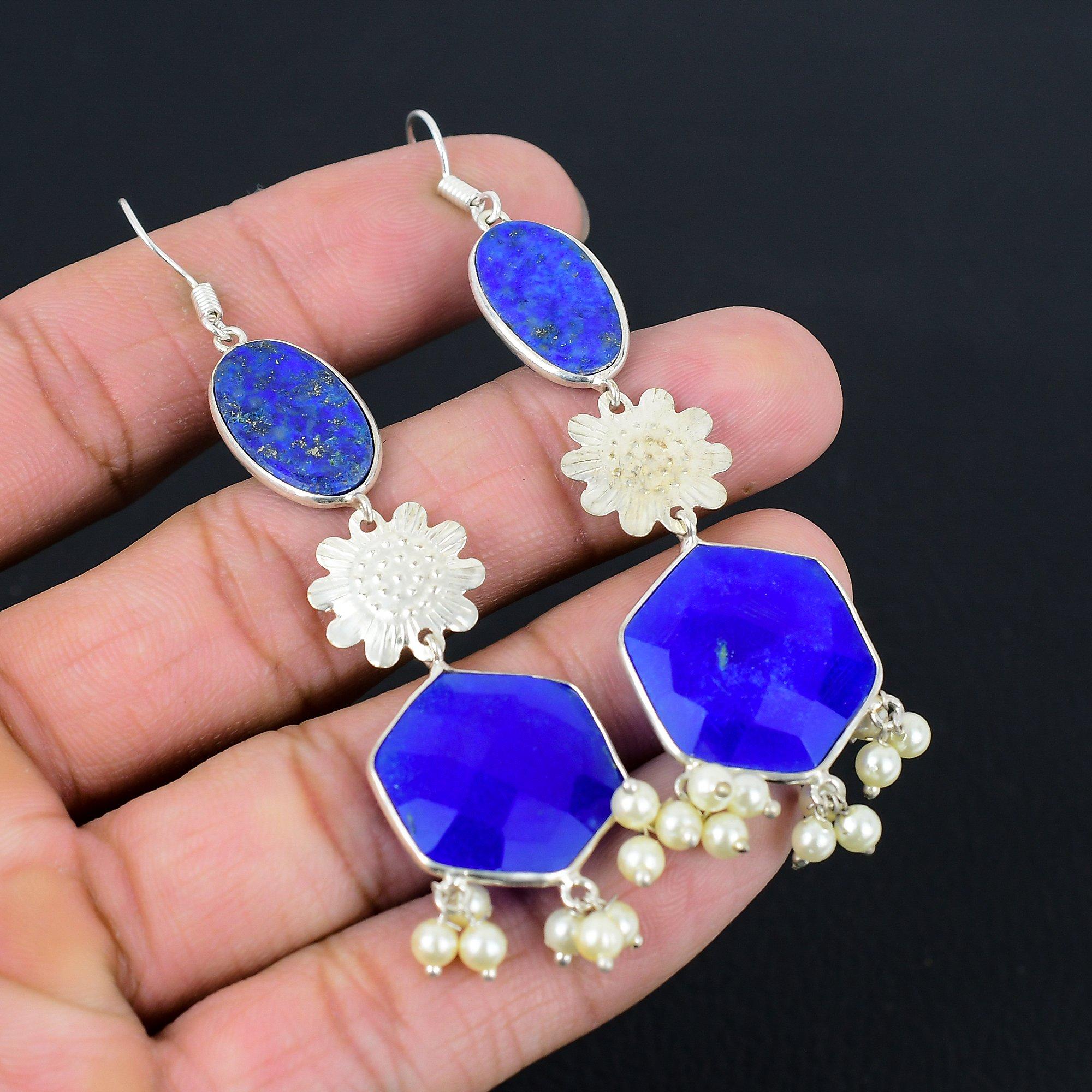 

Натуральный Синий Сапфир Подвески Ручной Работы Серьги Ювелирные Изделия Стерлинговое Серебро