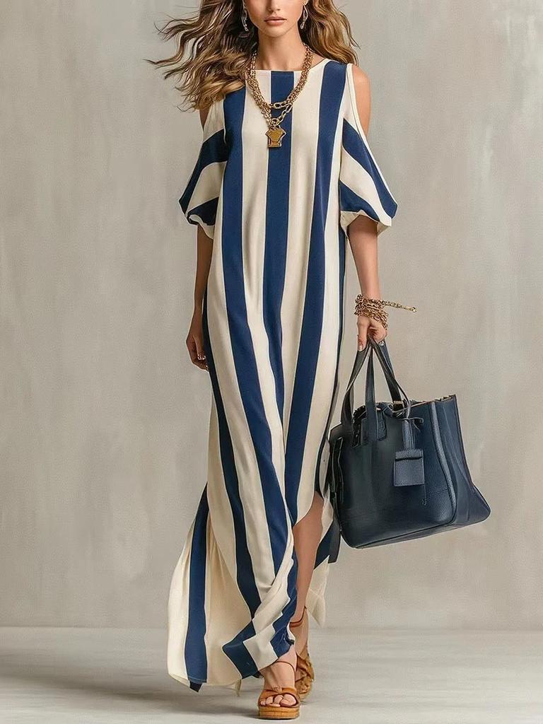 European and American Striped Off-the-shoulder Long Dress Loose Shoulder-down Split-end Drape Vacation Casual Blouse Long Dress Women's Clothing