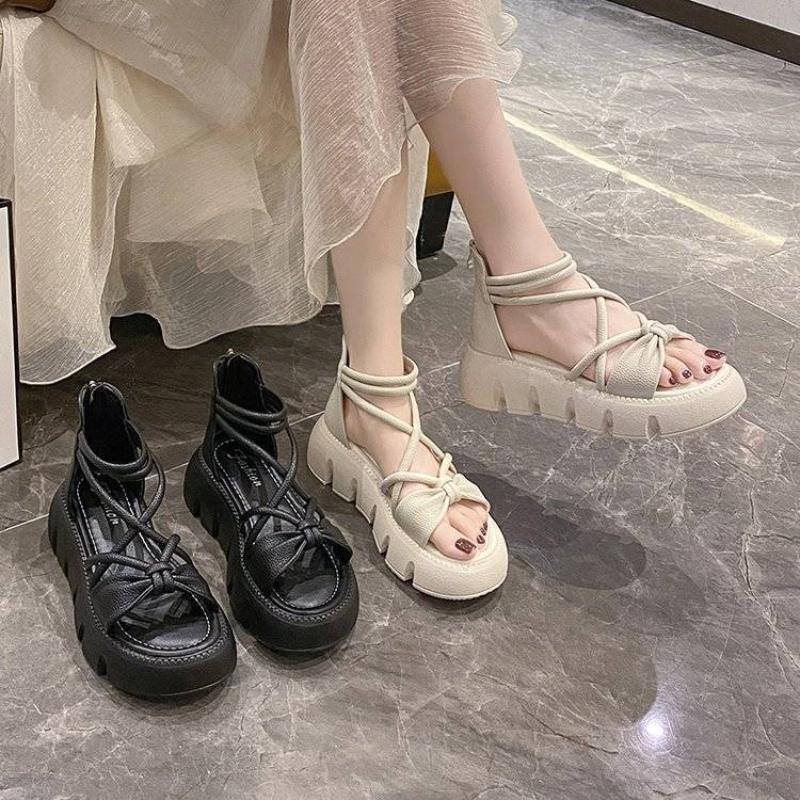 Sandals for Woman High Heels Women's Shoes Bow Summer 2025 Zip Footwear Heeled Platform Roman Style Pumps The Best H Daily Shoe