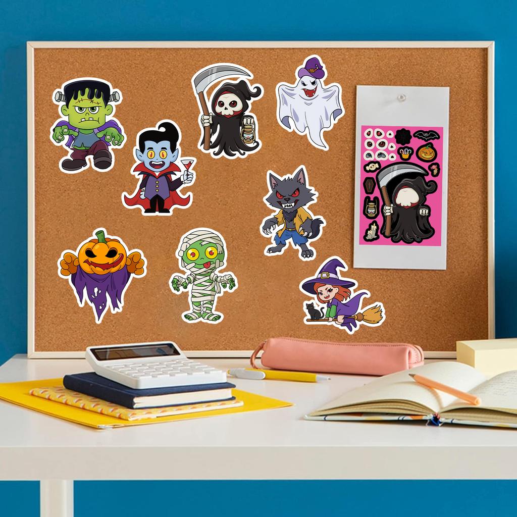 32Sheets Halloween Make a Face Puzzle PVC Sticker Kids Party Favors Gift Toy DIY Pumpkin Ghost Assemble Jigsaw Educational Game