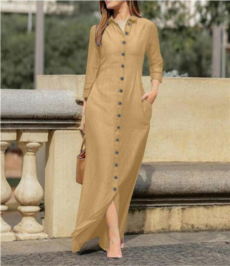 Women's Shirt Collar Long Sleeve Maxi Dress Loose Fit No Waist Elegant Solid Linen Cotton Split Hem Pocket Casual Shirt Dress