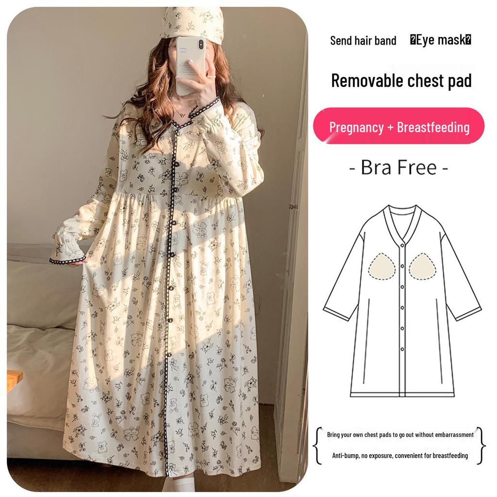 Plus Size Maternity Nightgown with Breast Pads for Postpartum, Spring, Summer, Autumn; Comfortable Labor Dress for Pregnant Women