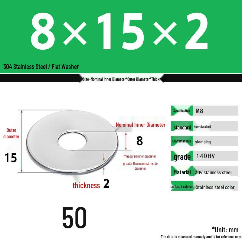 304 Stainless Steel Thickened Flat Washer Set, Sizes 2-36