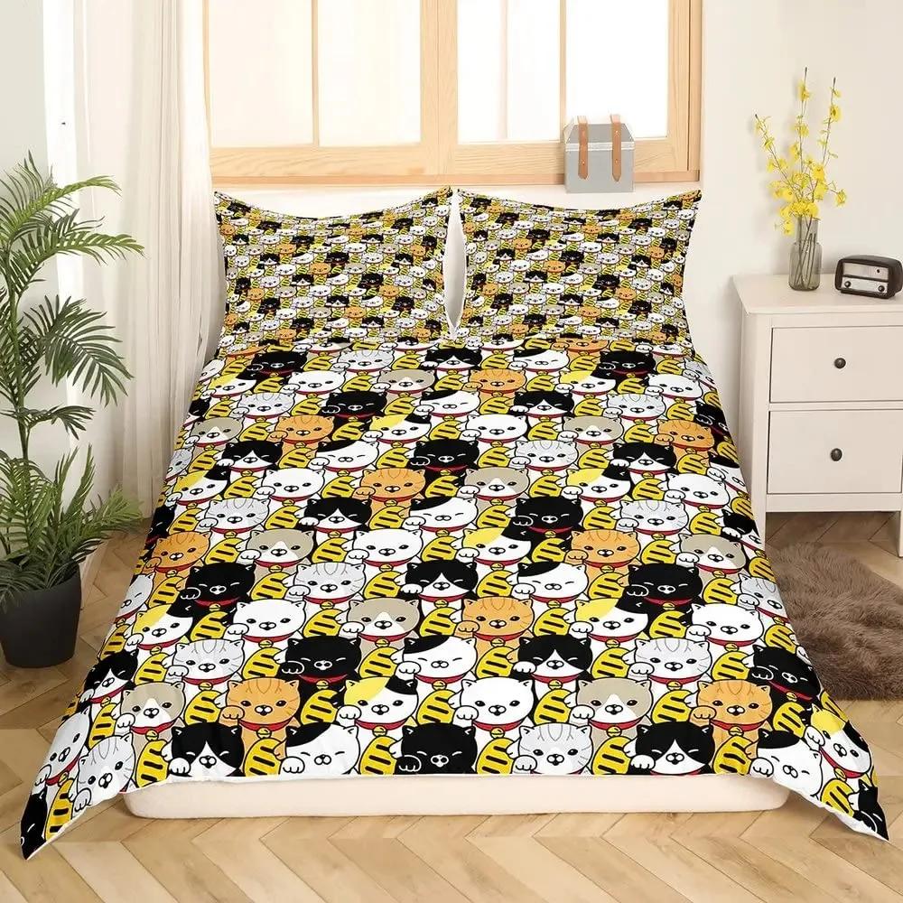 Maneki Duvet Cover Set,Japanese Lucky Cat Duvet Cover Neko Gold Coin Japanese Style Cute Bedding Set Cat Comforter Cover