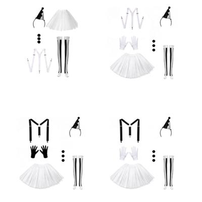 Women's Sad Clown Costume Halloween Party Accessory Bundle with Layered Skirt, Gloves, Patterned Socks, Suspenders and Hat Hair Band Wear
