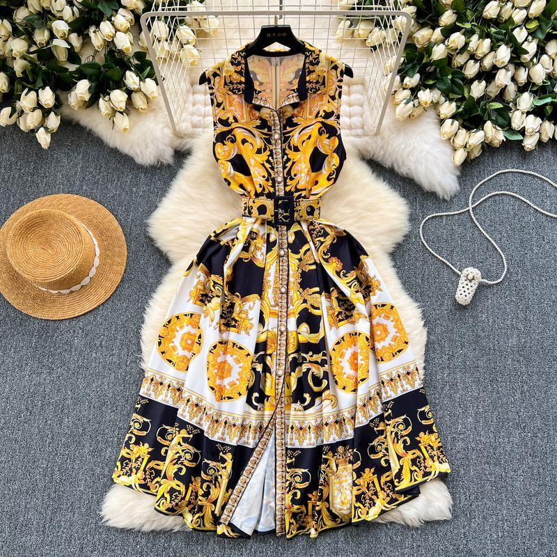 

Vintage Court Style Print Dress Women s Summer Sleeveless Waist Slimming Sense of Design Special Interest Light Luxury Temperament Long Dress Yellow M