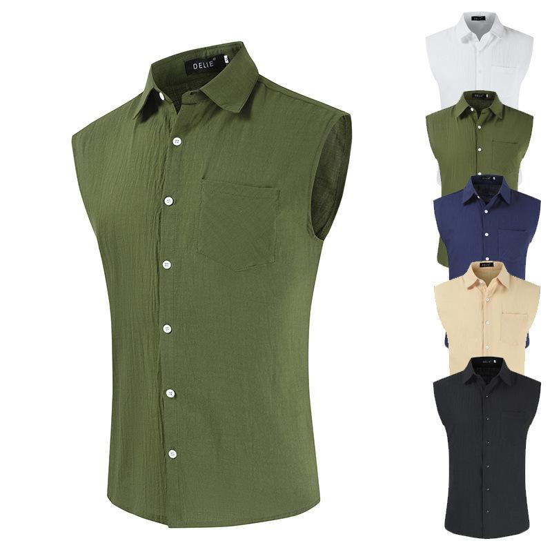 Nuova Camicia da Uomo in Lino Senza Maniche per Primavera e Autunno Gilet Semplice Casual Gilet in Lino con Tasca Decorativa Top