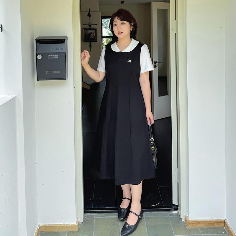 Large Size Women's Clothing Long and Short Contrasting Color Dress, Summer New Waist and Thin Small Black Dress 252498