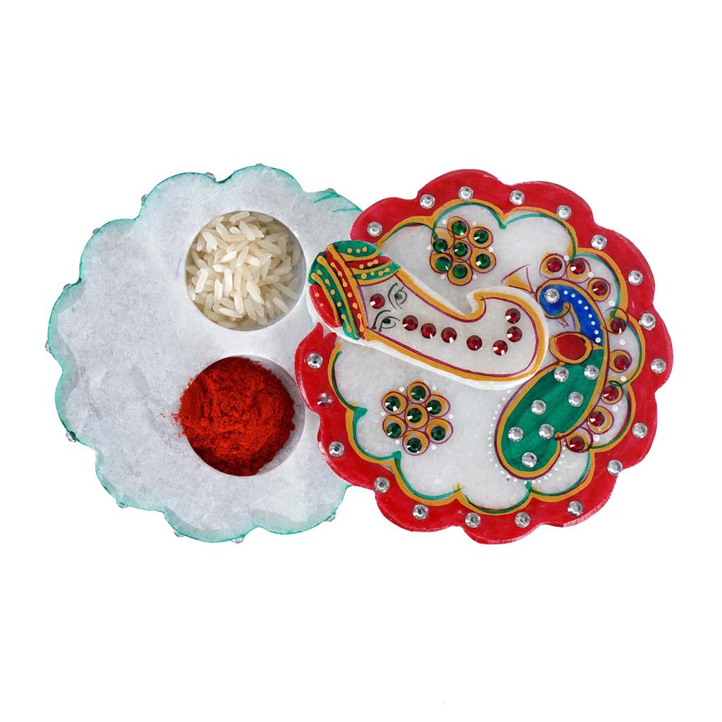 Marble Made Round Shape Roli Rice Kumkum Ganesh Chopra for Tilak Tika, Wedding Gifts, Raksha Bhandhan Gift