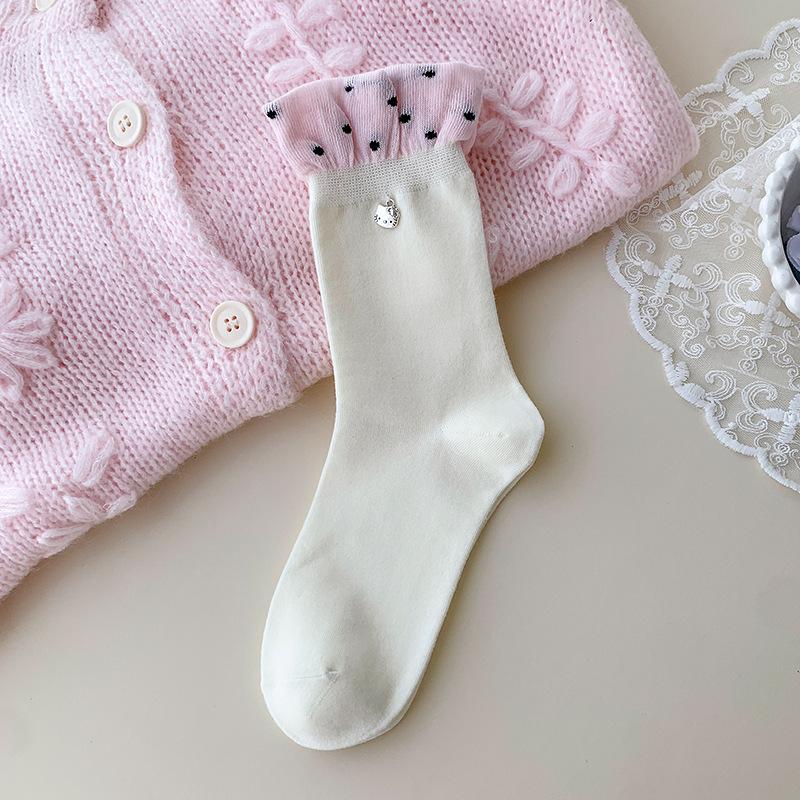 

Женские весенне-осенние милые мультяшные кулоны-кошки, контрастные цвета, в горошек, с пузырьками, в студенческом стиле, носки-гольфы 1 pair молочный белый