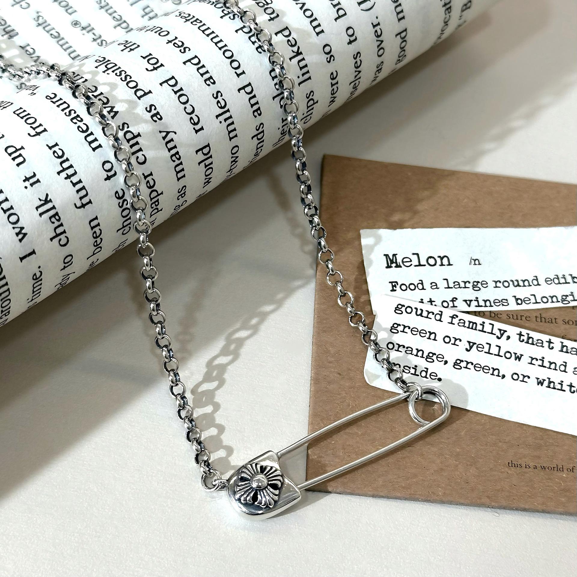 

Sterling Silver Cross Flower Brooch Necklace, Unisex Trendy O-Shaped Sweater Chain with Universal Clasp Electroplated