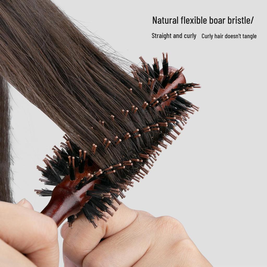 Boar Bristle Round Barrel Comb for Styling, Massage & Health Care - Ideal for Blow-Drying, Straightening, Curling, and Inward Curl Styles.
