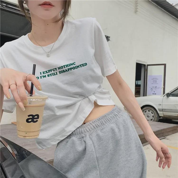 Koreanisches Locker sitzendes Kurzarm-Crop-Top mit Buchstabenaufdruck für Damen