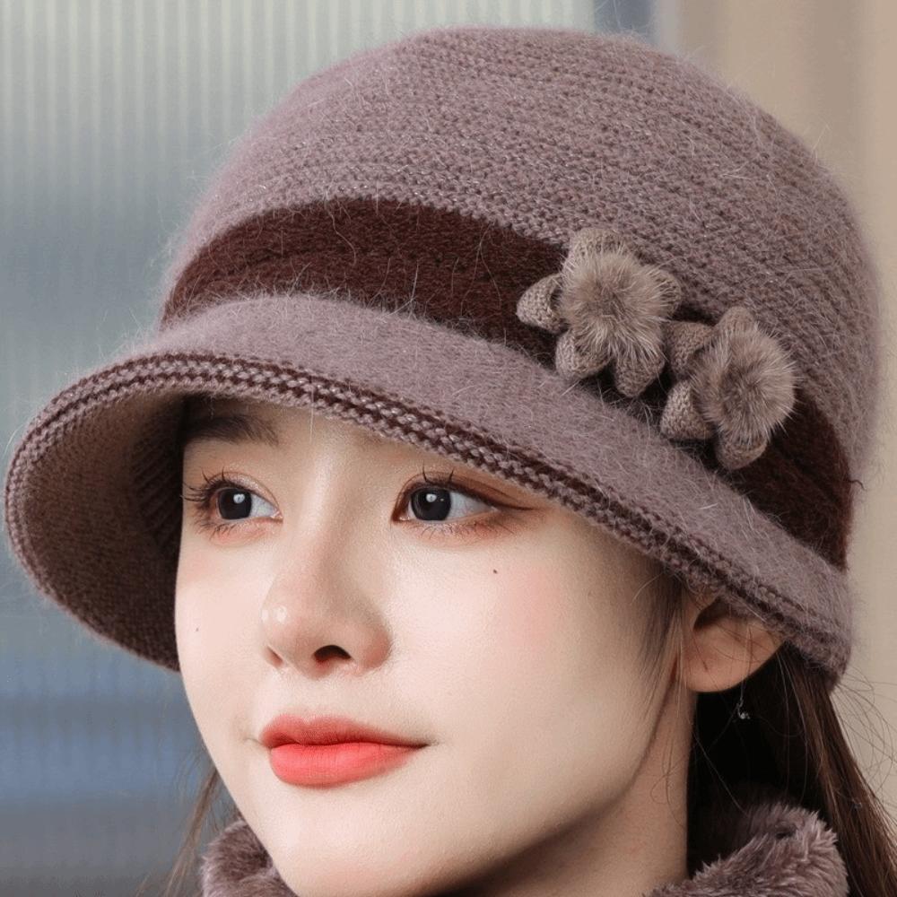 Windproof Floral Decor Hat Warm Knit Basin Cap Fashion Middle-aged Elderly Bucket Hat Winter