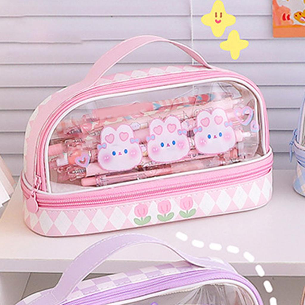 Waterproof Pencil Pen Case Cartoon Cute Transparent Stationary Bag with  for School Students M