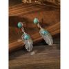Antique Silver Ethnic Style Earrings With Turquoise Inlaid Leaf Wing Decoration Personalized Accessories Gift Party