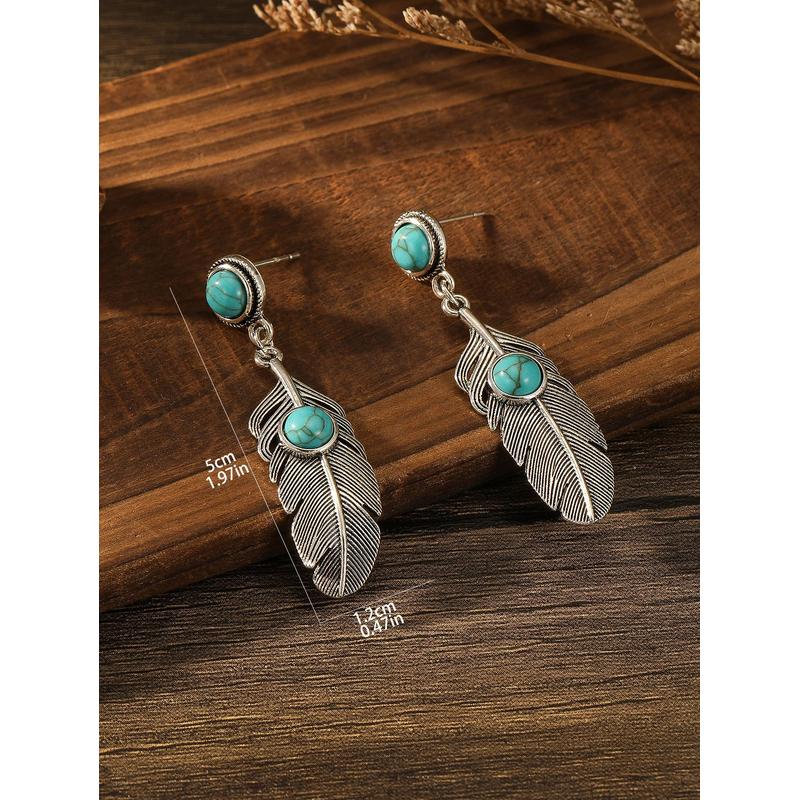 Antique Silver Ethnic Style Earrings With Turquoise Inlaid Leaf Wing Decoration Personalized Accessories Gift Party