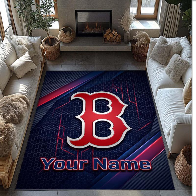 Boston Red Sox Crystal Velvet Rug, Custom Name Text Personalized Non‑Slip Floor Mat for Home Decor Gift
