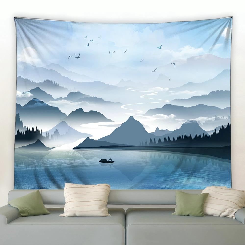 Китайский стиль Живопись тушью Горный пейзаж Гобелен Спальня Гостиная Гобелен Украшение — фото 9