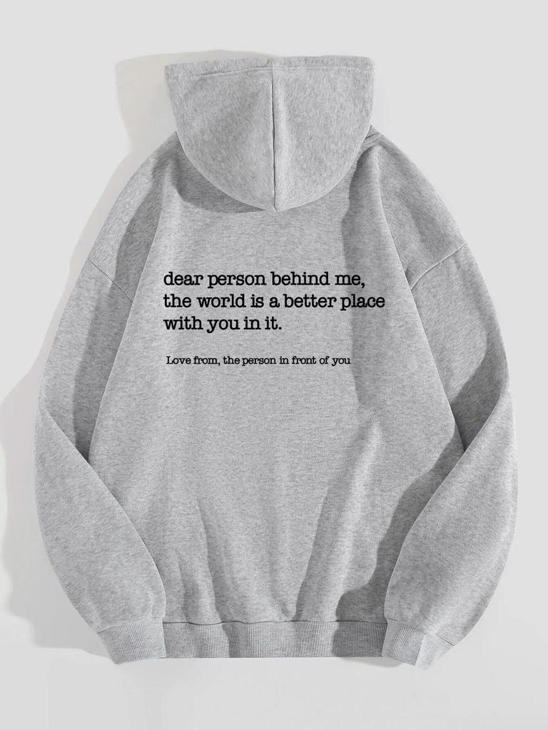 Women'S Fleece Shoulder Sleeve Sweater Plain Letter Print Kangaroo Pocket Drawstring Print Hoodie