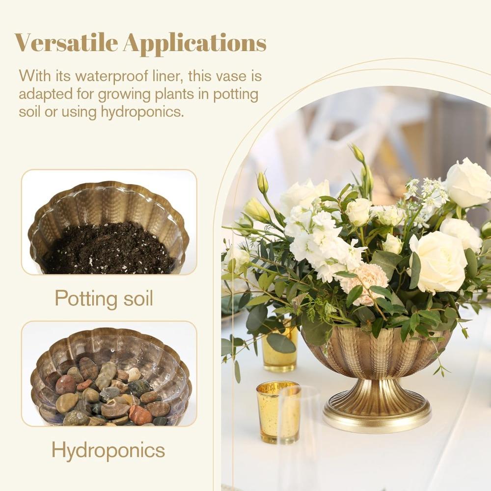 2pcs Distressed Golden Compote Pedestal Vases Antique Metal Large Golden Compote Bowl Vase for Centerpieces with Waterproof Liner