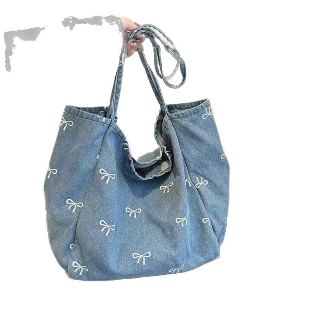 Large Capacity Blue Bow Design Handbag, Suitable for Daily Commuting, Travel, and Shopping