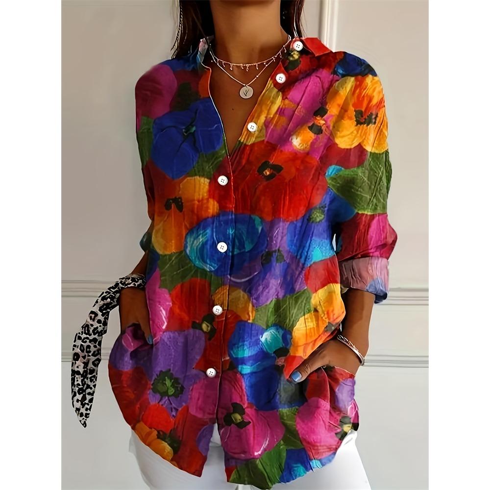 New Summer Fashion Women's Lapel Shirt Big Size Button Long Sleeve Daily Weekend V Neck Tops Floral Printed Loose Casual Shirt